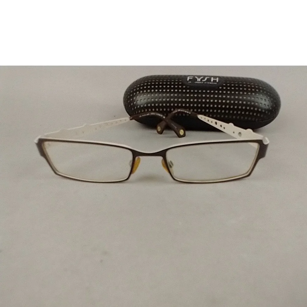 Fysh UK 3378 111 Brown White Rectangular Eyeglass Frames 52-18-135 with Case